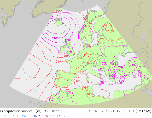 Precipitation accum. UK-Global Qui 04.07.2024 12 UTC