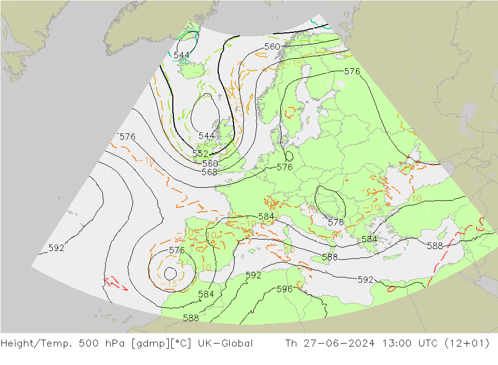 Height/Temp. 500 hPa UK-Global 星期四 27.06.2024 13 UTC
