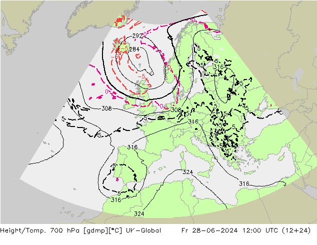 Hoogte/Temp. 700 hPa UK-Global vr 28.06.2024 12 UTC