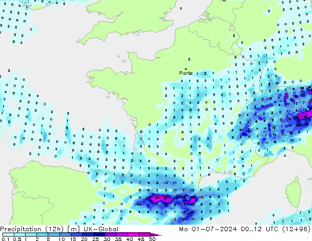 Totale neerslag (12h) UK-Global ma 01.07.2024 12 UTC