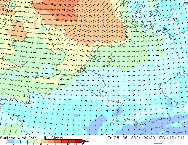 Wind 10 m (bft) UK-Global vr 28.06.2024 09 UTC