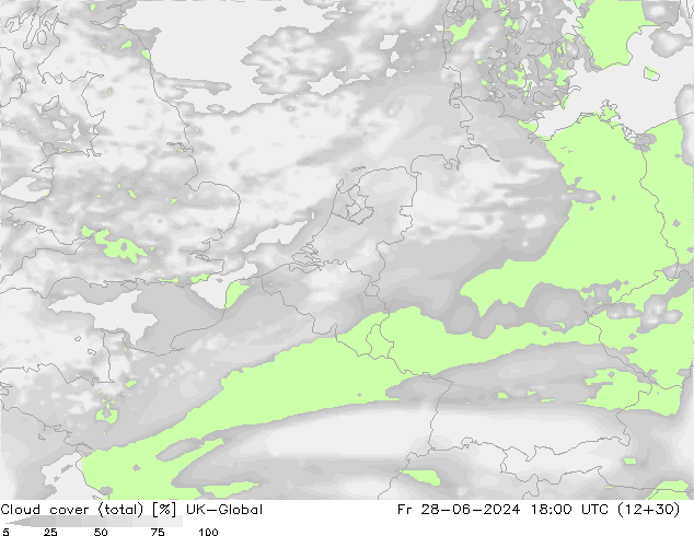 Bewolking (Totaal) UK-Global vr 28.06.2024 18 UTC