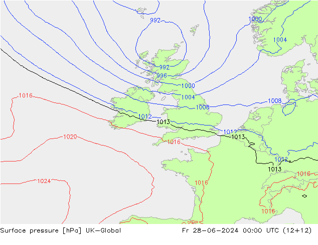Luchtdruk (Grond) UK-Global vr 28.06.2024 00 UTC