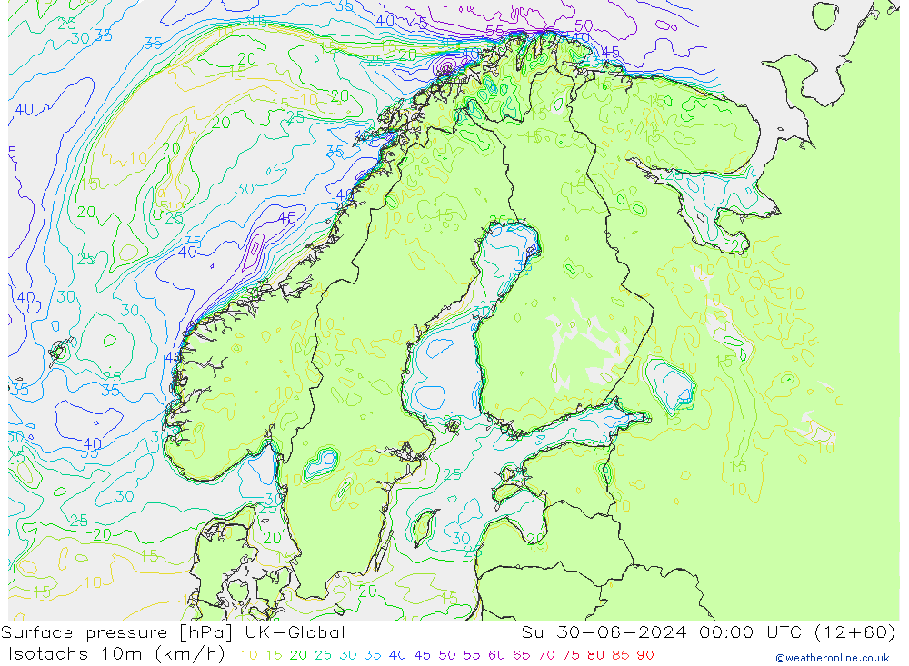 Isotachen (km/h) UK-Global zo 30.06.2024 00 UTC