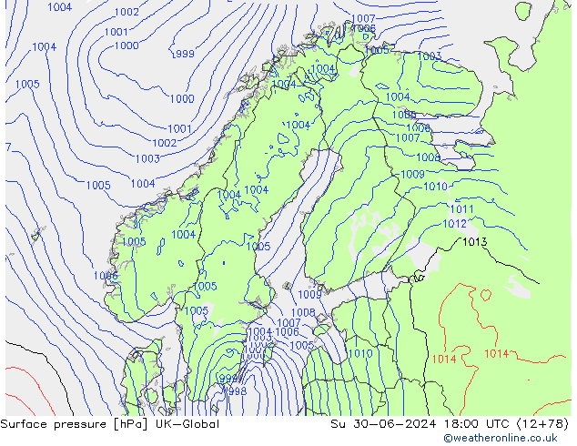 Surface pressure UK-Global Su 30.06.2024 18 UTC