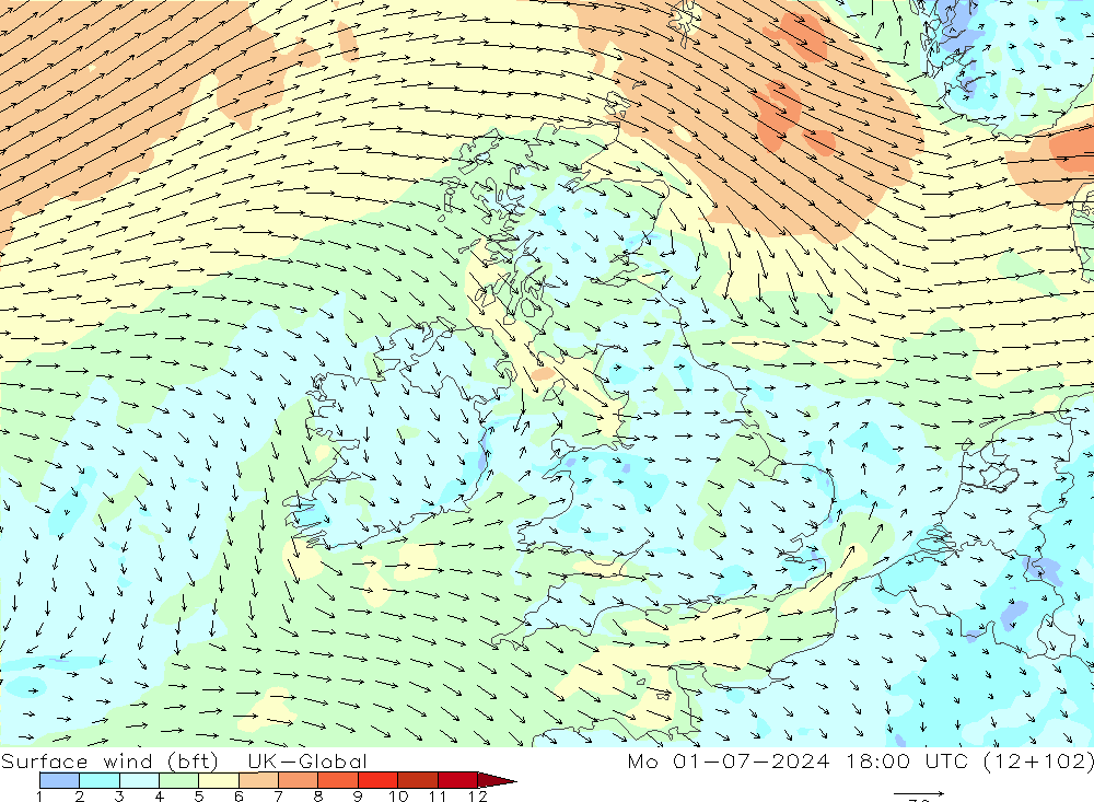 Wind 10 m (bft) UK-Global ma 01.07.2024 18 UTC