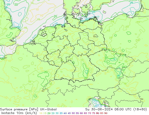 Isotachen (km/h) UK-Global zo 30.06.2024 06 UTC