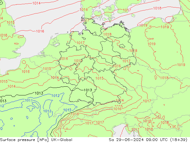 Luchtdruk (Grond) UK-Global za 29.06.2024 09 UTC