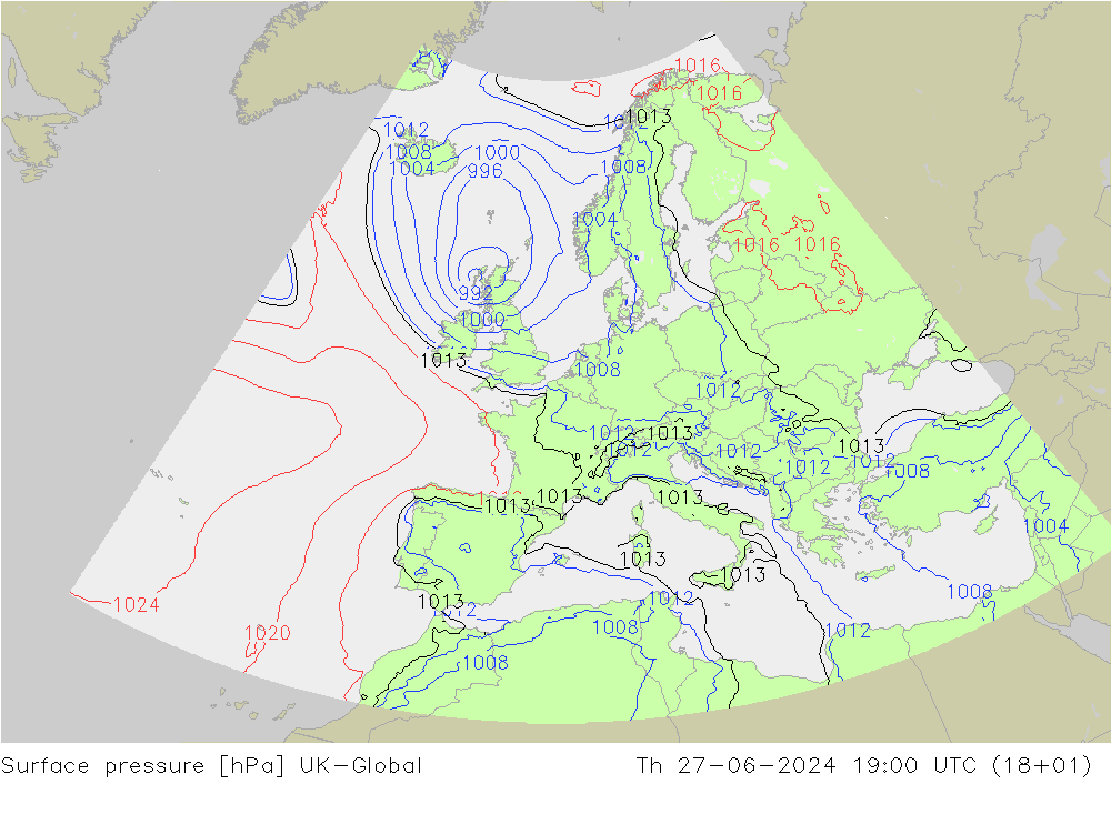 地面气压 UK-Global 星期四 27.06.2024 19 UTC