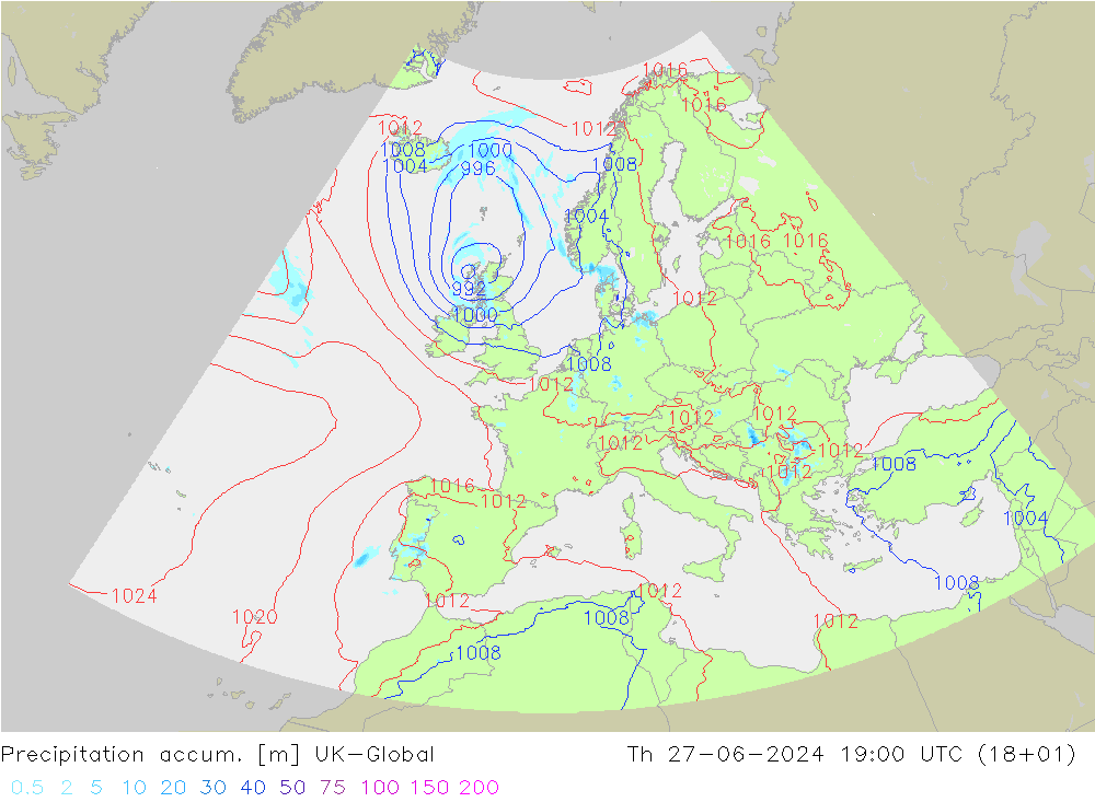 Precipitation accum. UK-Global 星期四 27.06.2024 19 UTC
