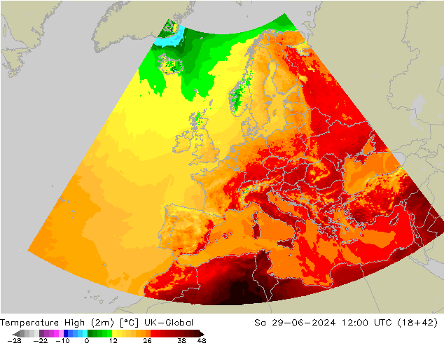 Max.temperatuur (2m) UK-Global za 29.06.2024 12 UTC