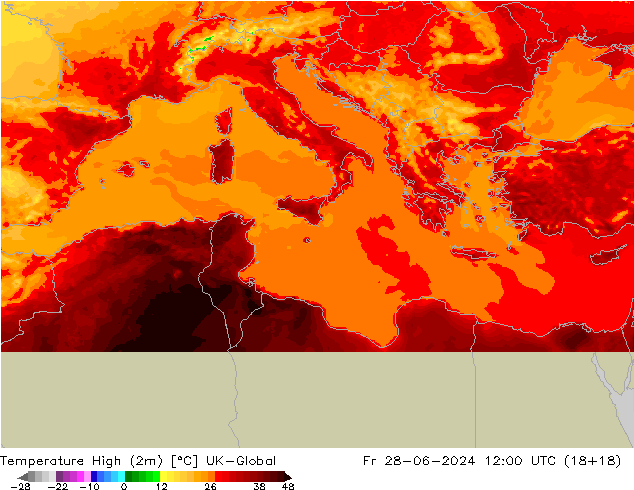 Max.temperatuur (2m) UK-Global vr 28.06.2024 12 UTC