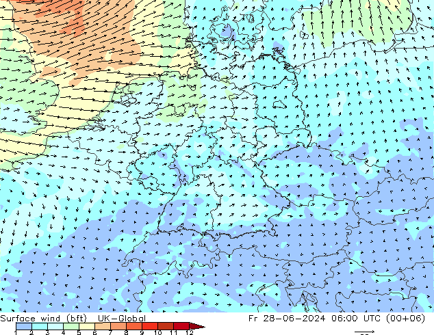 Wind 10 m (bft) UK-Global vr 28.06.2024 06 UTC