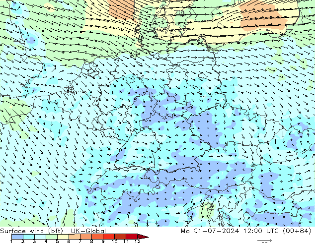 Surface wind (bft) UK-Global Po 01.07.2024 12 UTC