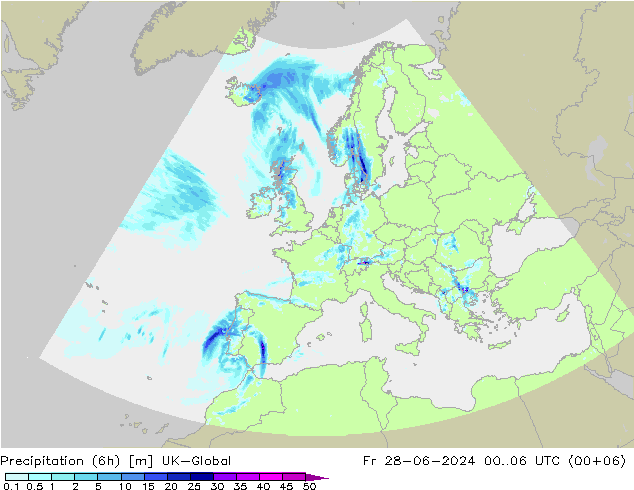 Totale neerslag (6h) UK-Global vr 28.06.2024 06 UTC