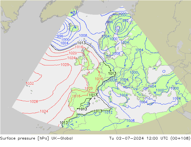Surface pressure UK-Global Tu 02.07.2024 12 UTC