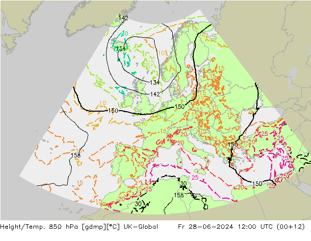 Hoogte/Temp. 850 hPa UK-Global vr 28.06.2024 12 UTC