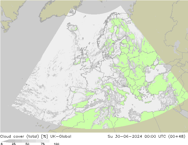 Bewolking (Totaal) UK-Global zo 30.06.2024 00 UTC