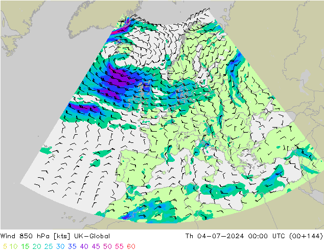 风 850 hPa UK-Global 星期四 04.07.2024 00 UTC