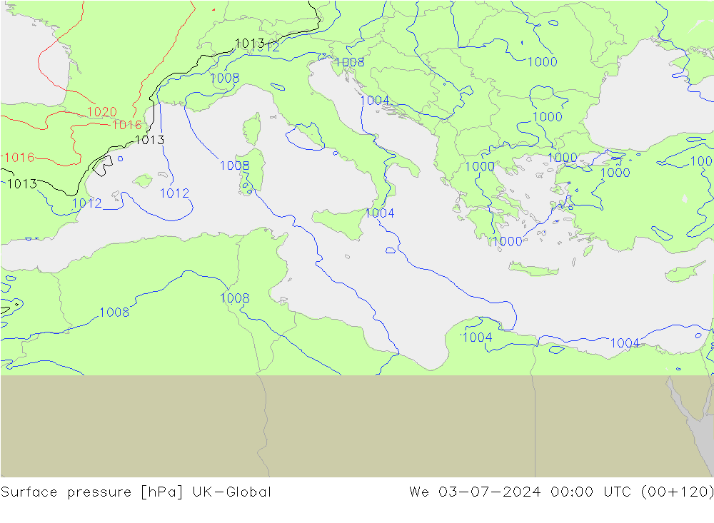 Atmosférický tlak UK-Global St 03.07.2024 00 UTC