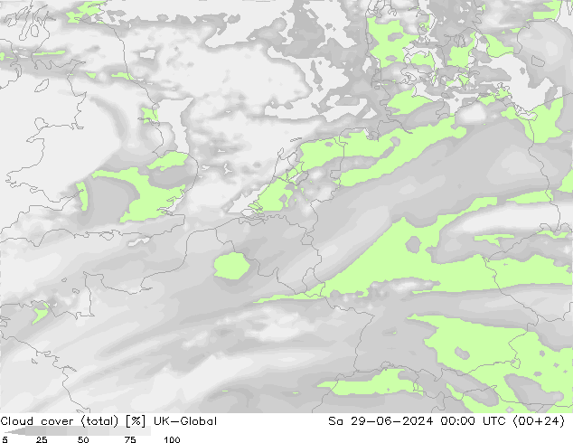 Bewolking (Totaal) UK-Global za 29.06.2024 00 UTC