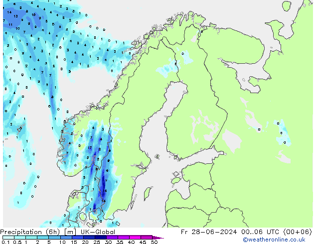 降水量 (6h) UK-Global 星期五 28.06.2024 06 UTC