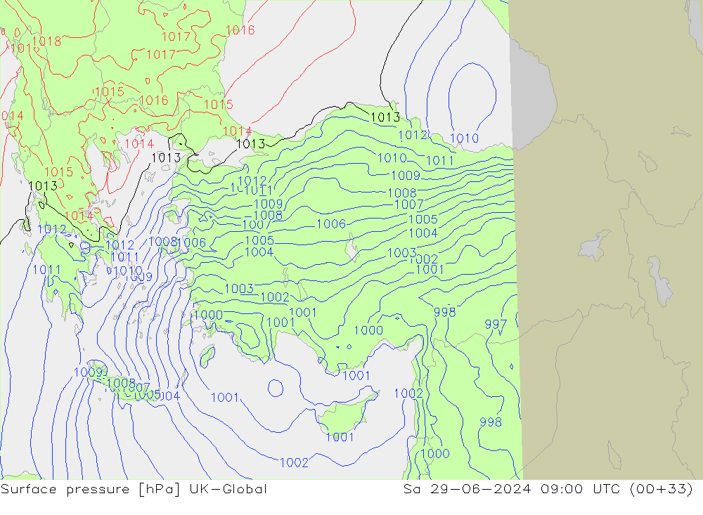 Presión superficial UK-Global sáb 29.06.2024 09 UTC