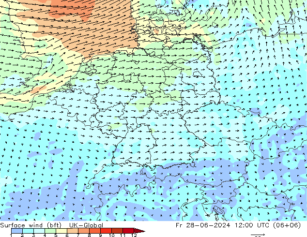 Wind 10 m (bft) UK-Global vr 28.06.2024 12 UTC