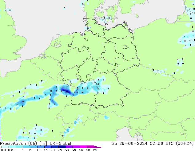 降水量 (6h) UK-Global 星期六 29.06.2024 06 UTC