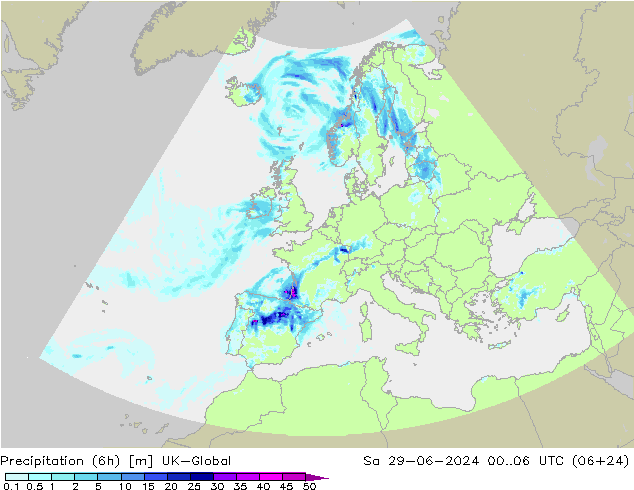 Totale neerslag (6h) UK-Global za 29.06.2024 06 UTC