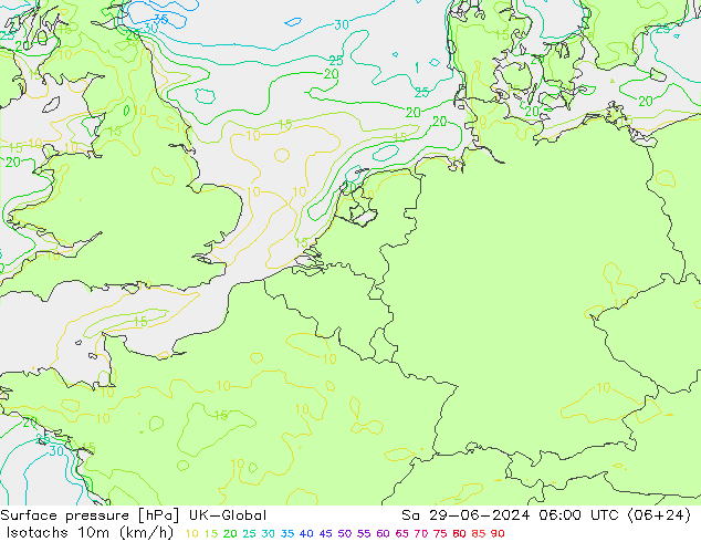Isotachen (km/h) UK-Global za 29.06.2024 06 UTC