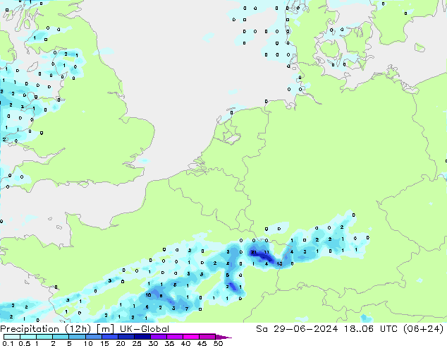 降水量 (12h) UK-Global 星期六 29.06.2024 06 UTC
