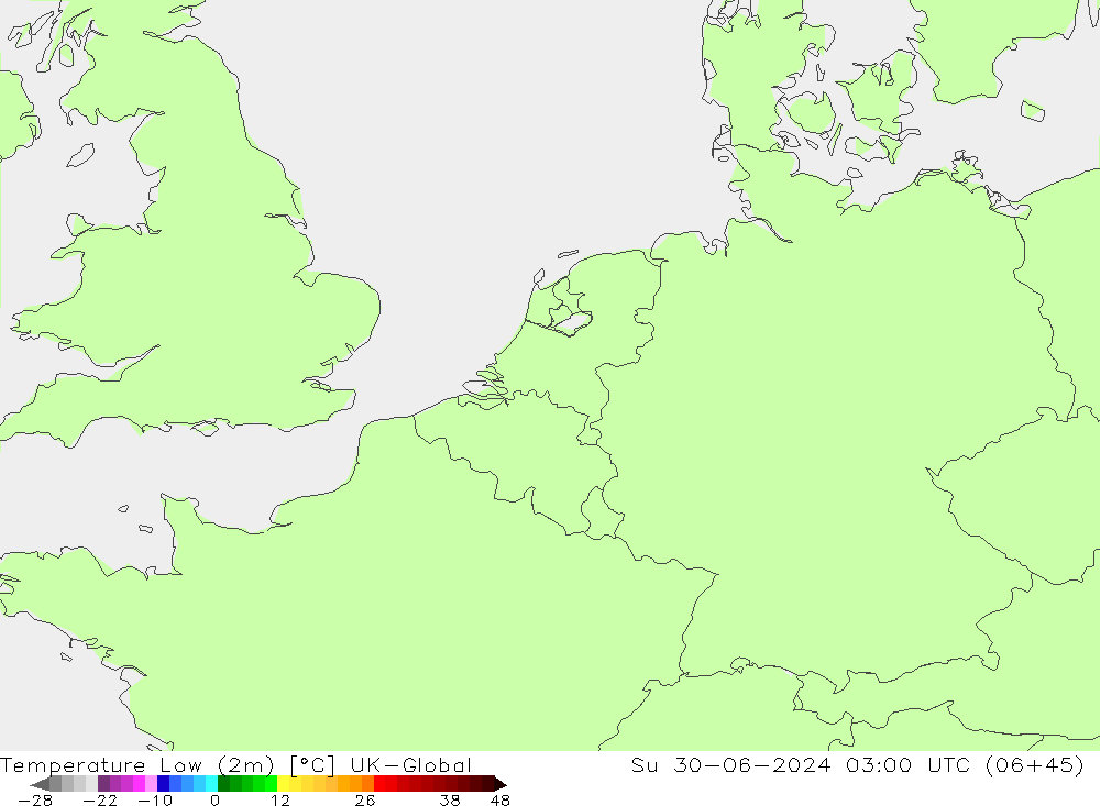 Min.temperatuur (2m) UK-Global zo 30.06.2024 03 UTC