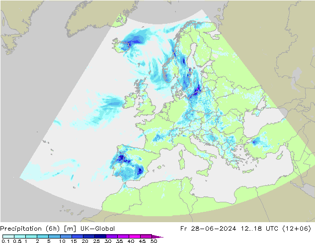 Totale neerslag (6h) UK-Global vr 28.06.2024 18 UTC