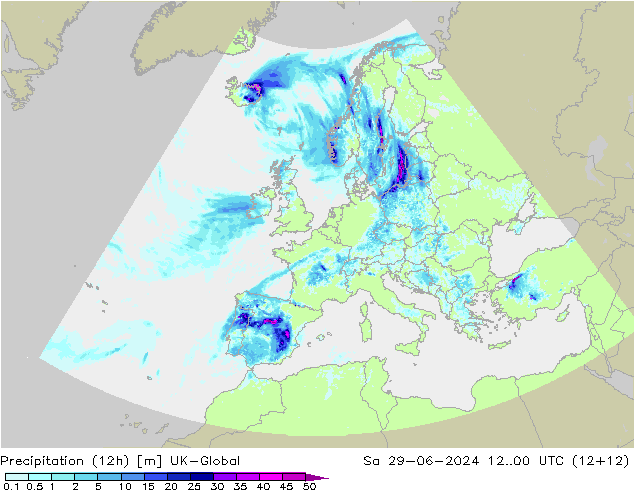 降水量 (12h) UK-Global 星期六 29.06.2024 00 UTC