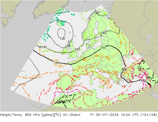 Hoogte/Temp. 850 hPa UK-Global vr 05.07.2024 12 UTC