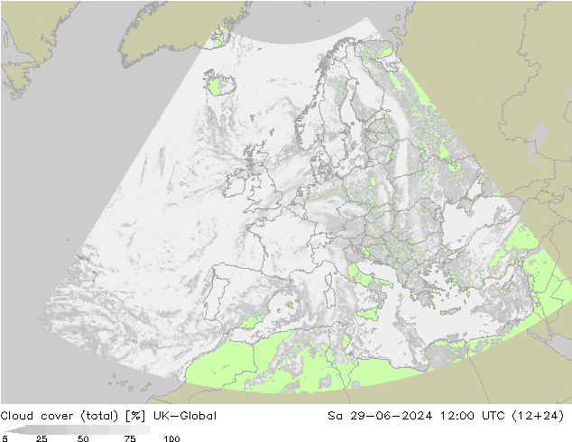 Bewolking (Totaal) UK-Global za 29.06.2024 12 UTC