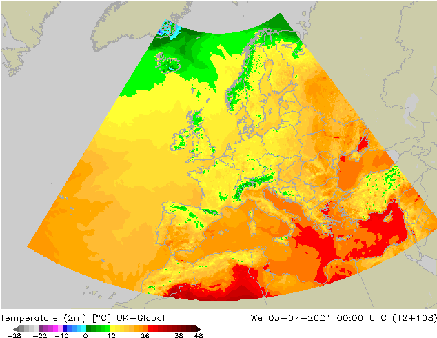 Temperatuurkaart (2m) UK-Global wo 03.07.2024 00 UTC