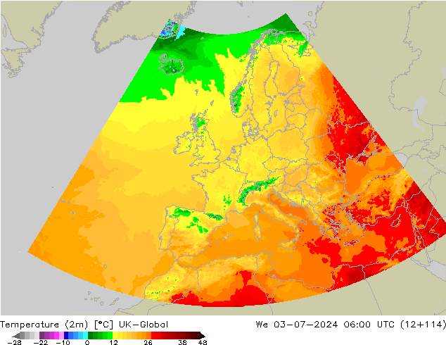 Temperatuurkaart (2m) UK-Global wo 03.07.2024 06 UTC