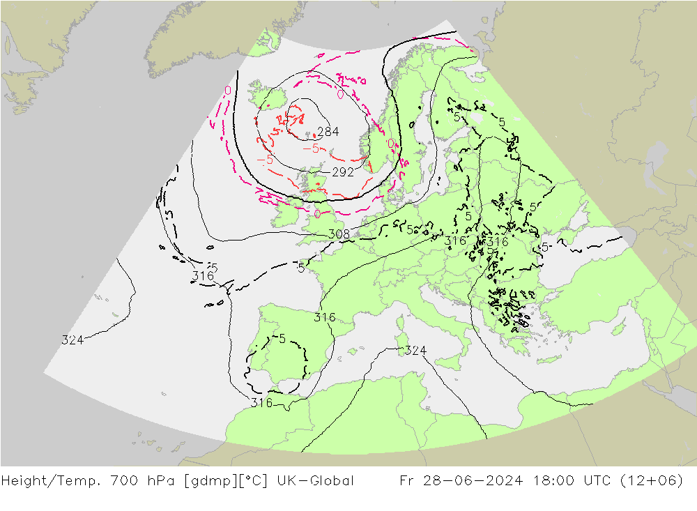 Height/Temp. 700 hPa UK-Global 星期五 28.06.2024 18 UTC