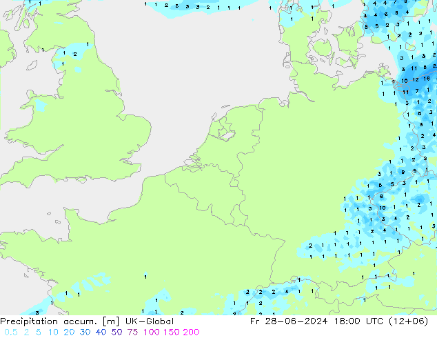Precipitation accum. UK-Global 星期五 28.06.2024 18 UTC