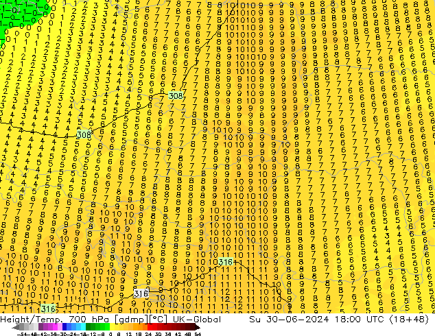 Hoogte/Temp. 700 hPa UK-Global zo 30.06.2024 18 UTC