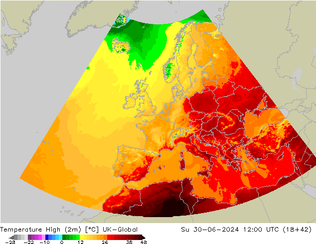 Max.temperatuur (2m) UK-Global zo 30.06.2024 12 UTC