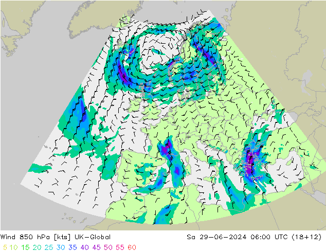 风 850 hPa UK-Global 星期六 29.06.2024 06 UTC