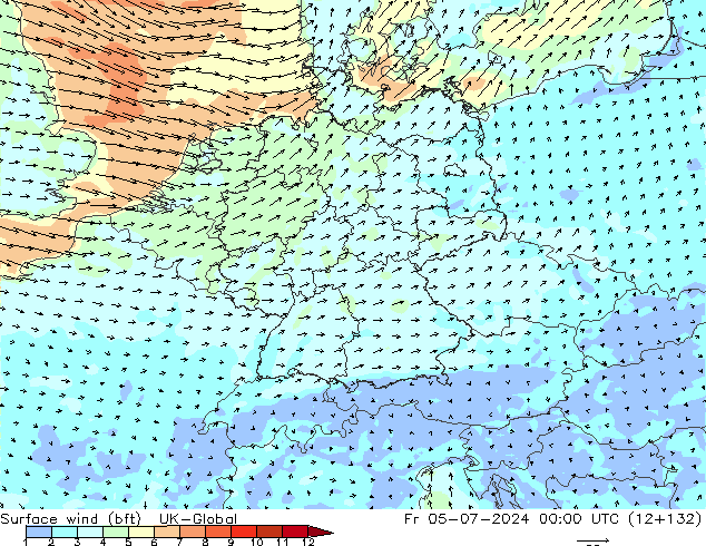 Wind 10 m (bft) UK-Global vr 05.07.2024 00 UTC