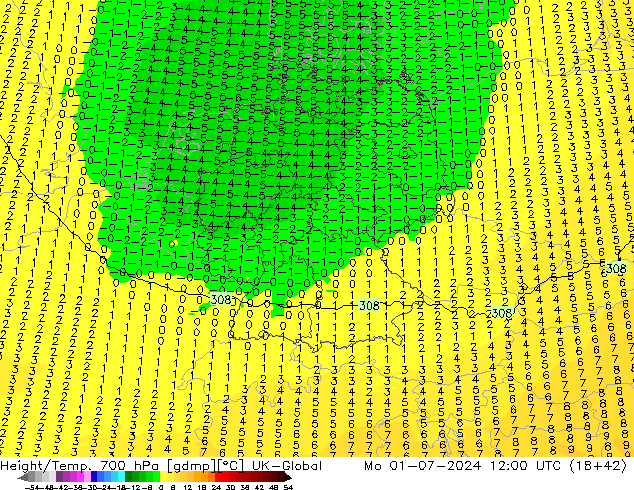 Hoogte/Temp. 700 hPa UK-Global ma 01.07.2024 12 UTC