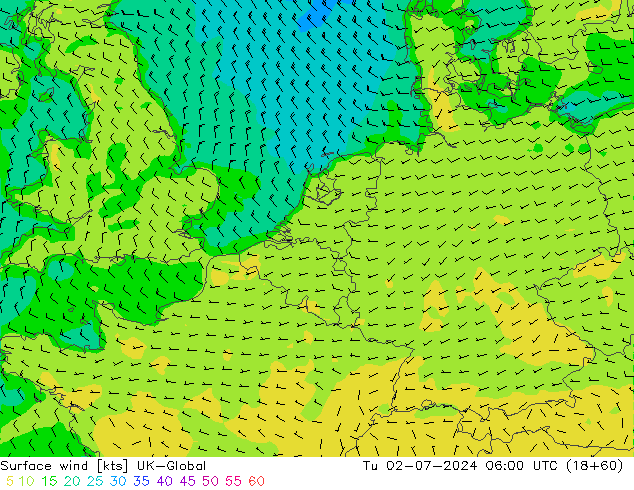 风 10 米 UK-Global 星期二 02.07.2024 06 UTC