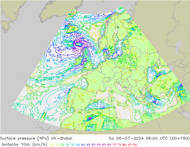 10米等风速线 (kph) UK-Global 星期六 06.07.2024 06 UTC