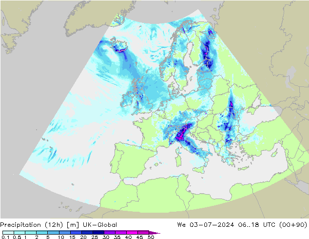 降水量 (12h) UK-Global 星期三 03.07.2024 18 UTC