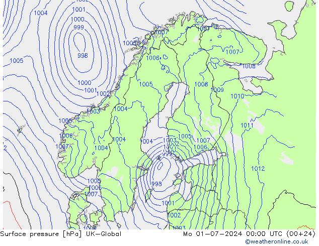 地面气压 UK-Global 星期一 01.07.2024 00 UTC